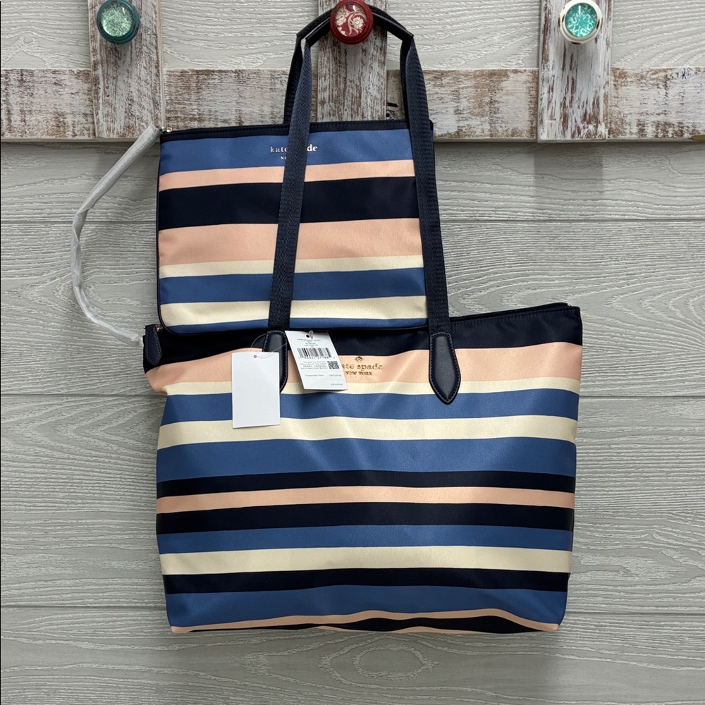 Kate Spade Nylon Striped Blue and Blush Tote with matching Zip Pouch